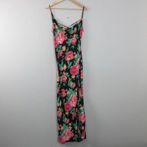 For Love & Lemons Becca Backless Maxi Dress XS Black Pink Floral Slit Party 226